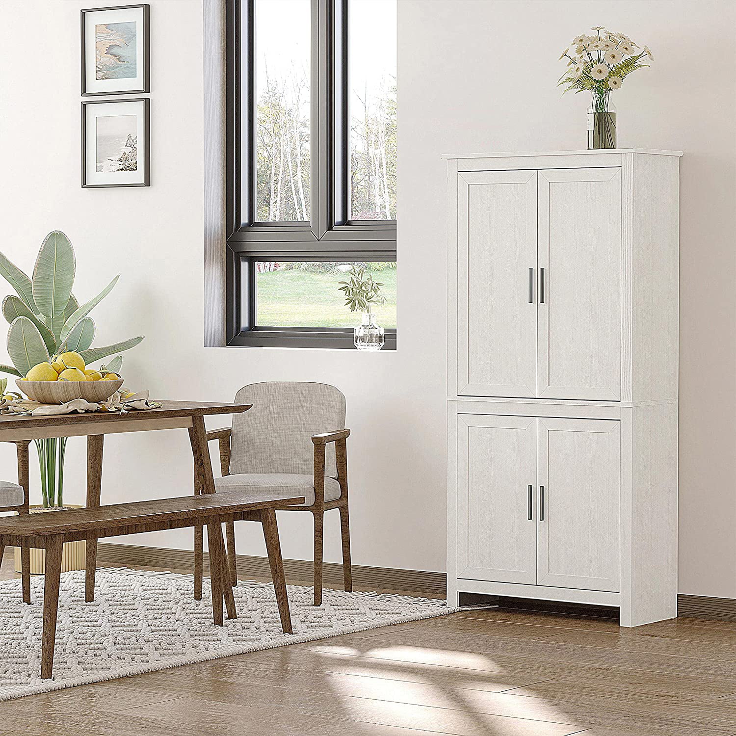 64" 4-Door Kitchen Pantry, Freestanding Storage Cabinet with 3 Adjustable Shelves for Kitchen, Dining or Living Room, Oak