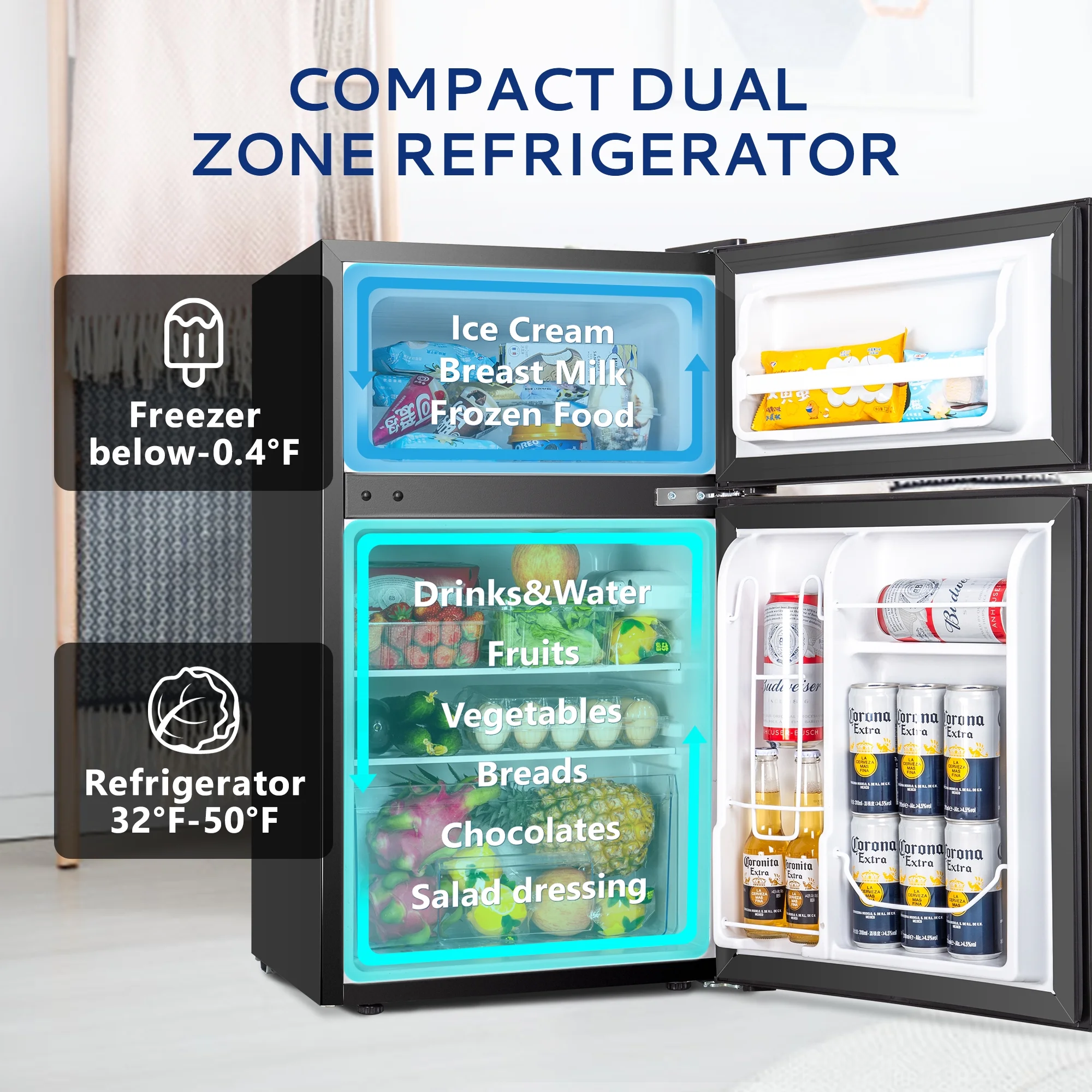 Simzlife 3.2 Cu ft Two Door Mini Refrigerator with Freezer, Compact Small Fridge Adjustable Removable Shelves, Black