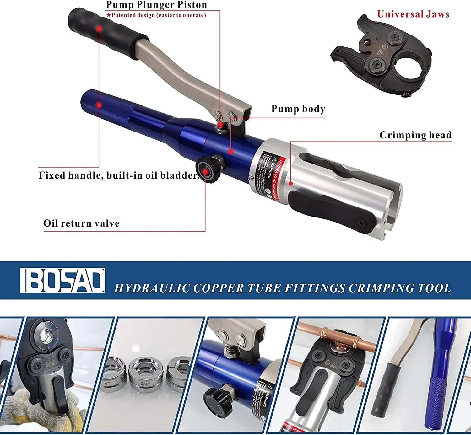IBOSAD Copper Tube Fittings Hydraulic Pipe Crimping Tool with 1/2 inch,3/4 inch and 1 inch Jaw Copper Pipe Propress Crimpers Pressing Pliers,Suit for Narrow Space and Tee Fitting，Hydraulic drive