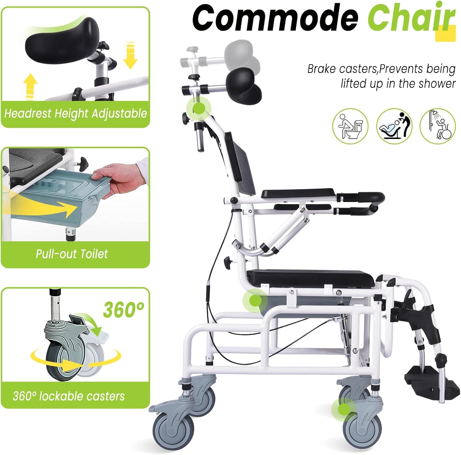 Shower Chair with Soft Seat Cushion, Reclining Shower Chair, Transport chair Medical Shower Chair, Toilet Chair 300lbs Weight Capacity