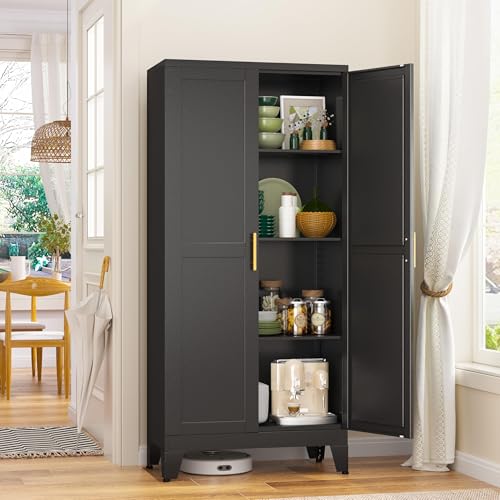 75.2" Tall Metal Pantry Cabinet, Storage Cabinets with 4 Door and 4 Adjustable Shelves, Black Kitchen Pantry Storage Cabinet, Freestanding Cupboard for Kitchen Dining Room Living Room Bathroom