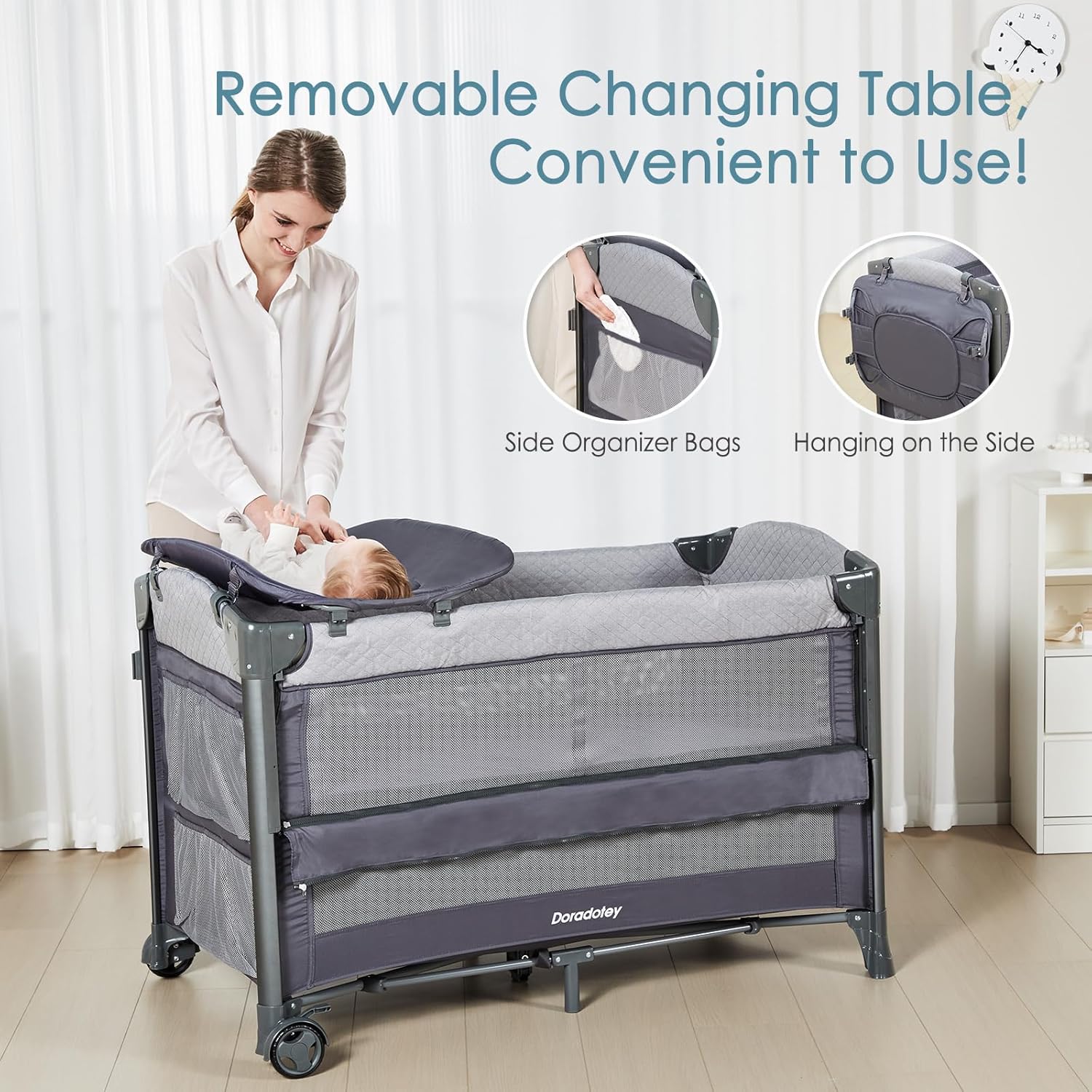 5 in 1Pack and Play, Portable Pack and Play with Mattress, Baby Pack and Play Easy to Assemble Fully Equiped, Toddler Travel Pack and Play Large Playard, 3 Layers,Diaper Caddy, Musical Toy Bar