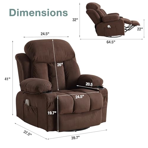 Massage Recliner Chair, Swivel and Rocking Recliner with Heat and Vibration, Breathable Fabric Ergonomic Single Sofa Chair for Living Room with Cup Holders, Side Pockets and USB