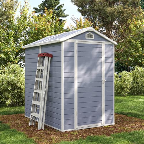 Aoxun 6 x 8 FT Outdoor Storage Shed with Window, Resin Shed with Floor & Lockable Doors, Garden Shed Waterproof Plastic Tool Shed with Sloped Roof for Backyard, Garden, Patio, Lawn, Grey