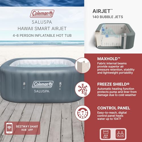 Coleman SaluSpa AirJet 4 to 6 Person Inflatable Hot Tub Square Portable Outdoor Spa with 140 Soothing AirJets and Insulated Cover, Gray