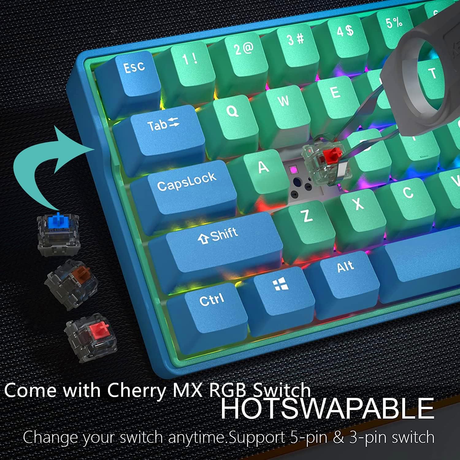BOYI Hot swappable 60 Percent Keyboard,Cherry MX Switch Wireless 5.0/Type-C Wired Dual Mode PBT Keycaps Mini Mechanical Gaming Keyboard (Cherry Mechanical Blue Switch)