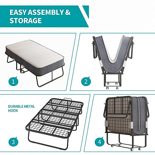 BALUS Folding Bed with Mattress for Adults, 75 ''L X 46''W Rollaway Bed with 5''Memory Foam Mattress, Foldable Bed Frame Portable Guest Bed Space Saving(Standard)