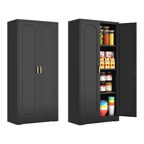 Metal Storage Cabinet with Doors and Shelves, 71 Inch Tall Kitchen Pantry Cabinet, Pantry Cabinets for Kitchen Storage, Freestanding Cupboard for Living, Dining Room, White, Assembly Required