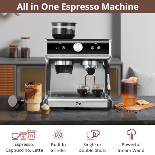 Espresso Machine with Grinder, 20 Bar Automatic Espresso Coffee Maker with Milk Frother for Home Barista, Professional Coffee Machine for Cappuccinos or Lattes, Gift for Dad Mom Coffee Lover