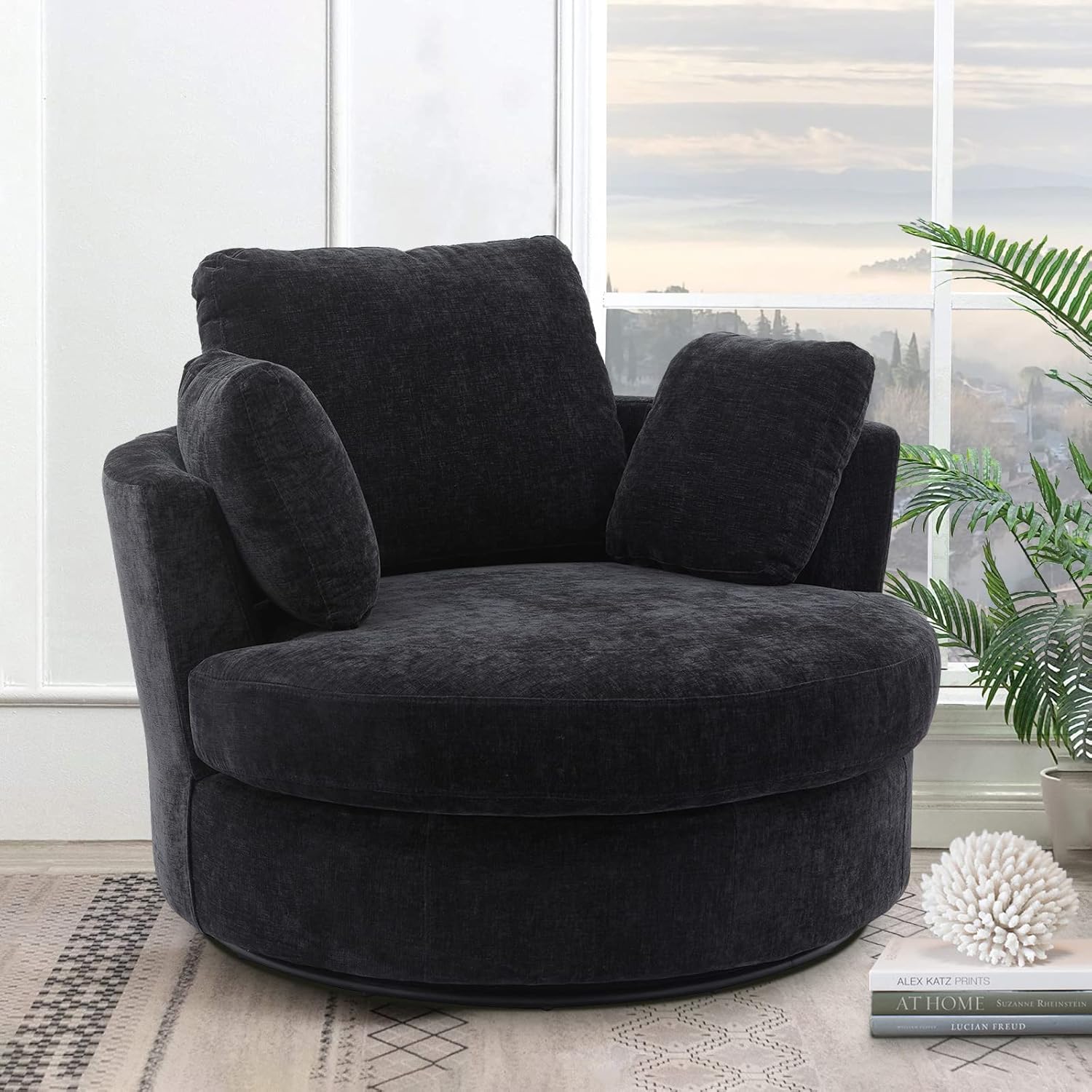 Swivel Barrel Chair for Living Room, Modern Round Swivel Chair Sofa Chair Chenille Club Chair Boucle Chair Armchair Decorative Furniture Nursery Chair, Bedroom, Classroom Corner Chair (Black)