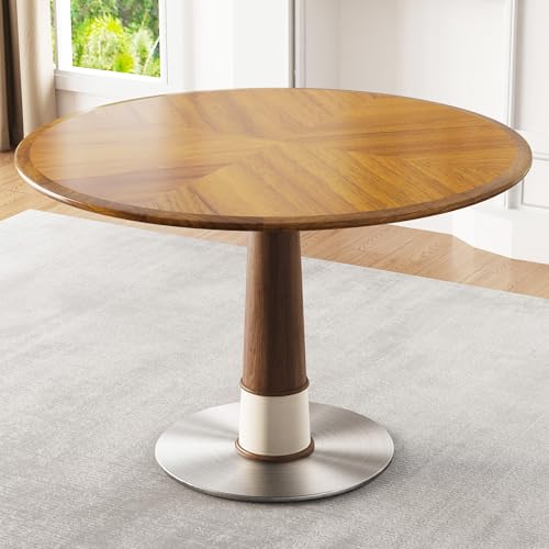 Modern Round Wooden Dining Table - Round Dining Table for 4 to 6 People - Solid Wood Legs, Metal Base - Round Kitchen Table for Dining Room Table - Easy Assembly，Walnut ，43.3"