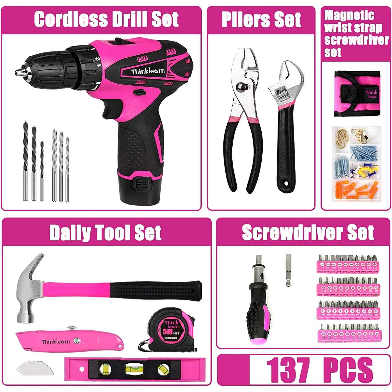 ThinkLearn Pink Drill Set for Women, 137 Piece Hand and Power Tool Set with 12V Cordless Drill - Shop Hardware Tools Online Store