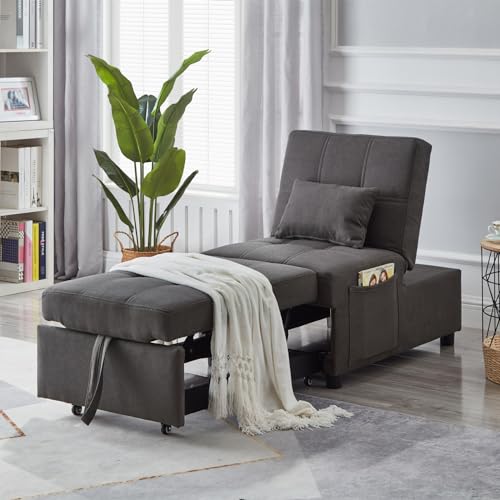 Recliner Chair, Futon Ottoman Sofa Bed with Adjustable Backrest, Modern Linen Upholstered Sleeper Sofa Couch with 1 Pillow and Side Pocket for Living Room Bedroom Apartment Office, Grey