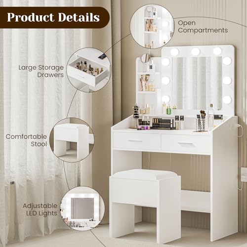 Vanity Desk with Mirror and Lights, Makeup Vanity Desk with Charging Station and Cushioned Stool, Dressing Table with 2 Drawers & 3 Lighting Modes Adjustable Brightness for Bedroom, Black