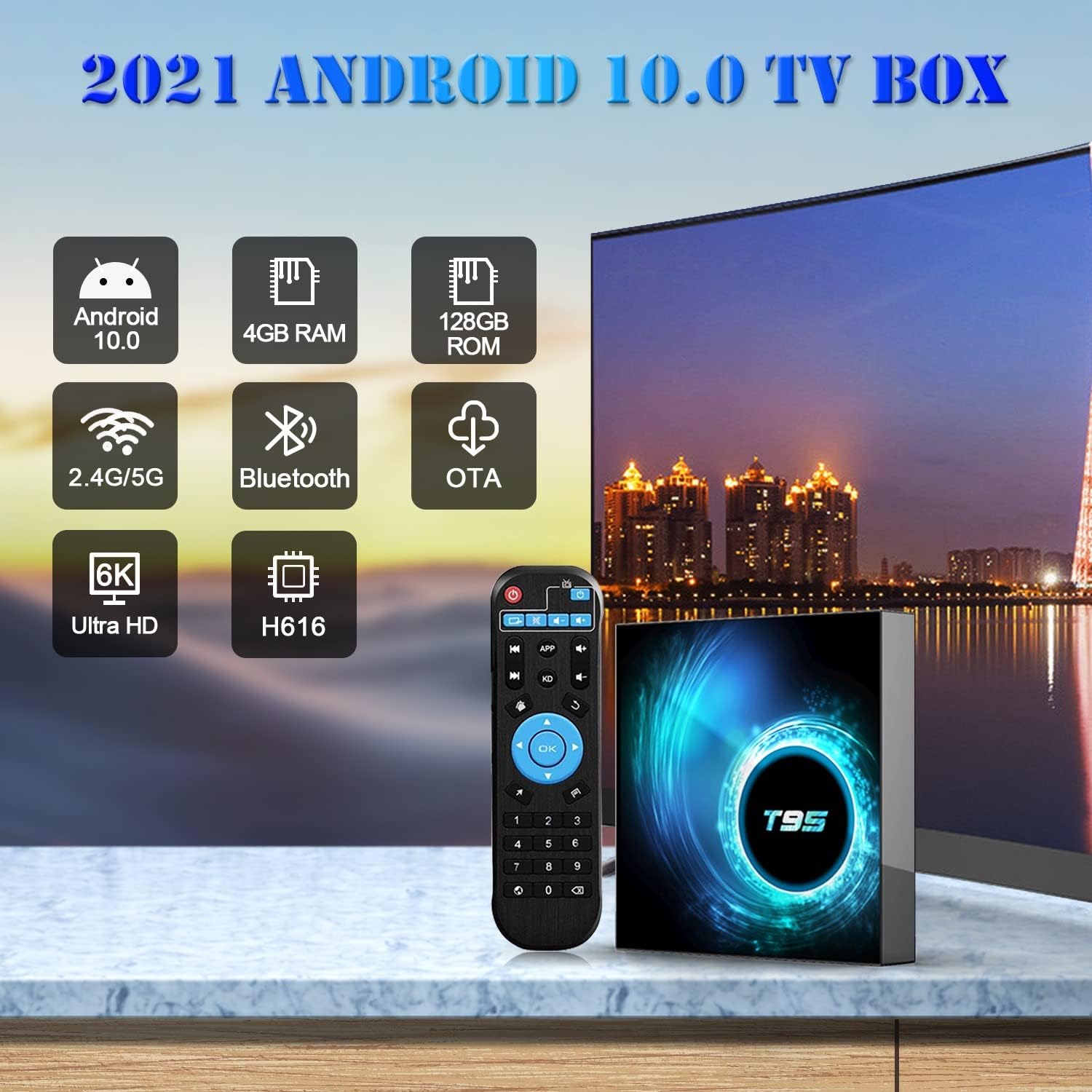 2021 Android 10.0 TV Box T95 4GB RAM 128GB ROM Allwinner H616 Quad-core ARM cortex-A53 CPU, Smart Box Supports 3D 4K 6K UHD H.265, with 2.4G/5G Dual-Band WiFi Bluetooth 100M Ethernet Pack of 2