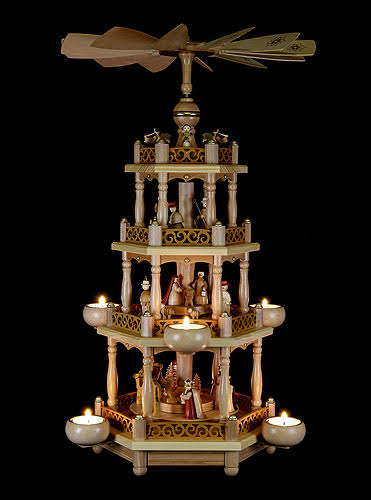 German Christmas Pyramid Nativity Scene, 3-tier, Height 55 cm / 22 inch, Natural with Tealights, Original Erzgebirge by Richard