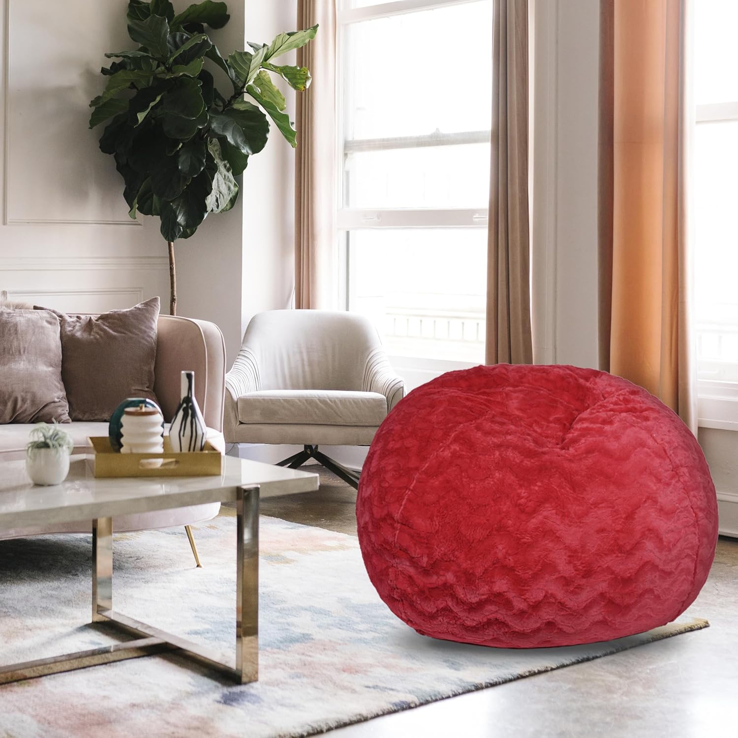 NicBex 4ft Bean Bag Chair,Faux Fur Beanbag Chair with Memory Foam,Adult Lounge Sofa with Washable Cover and Stretchable Fabric,Comfy Chair for Living Room Bedroom, Apartment,or Gaming Venue,Red
