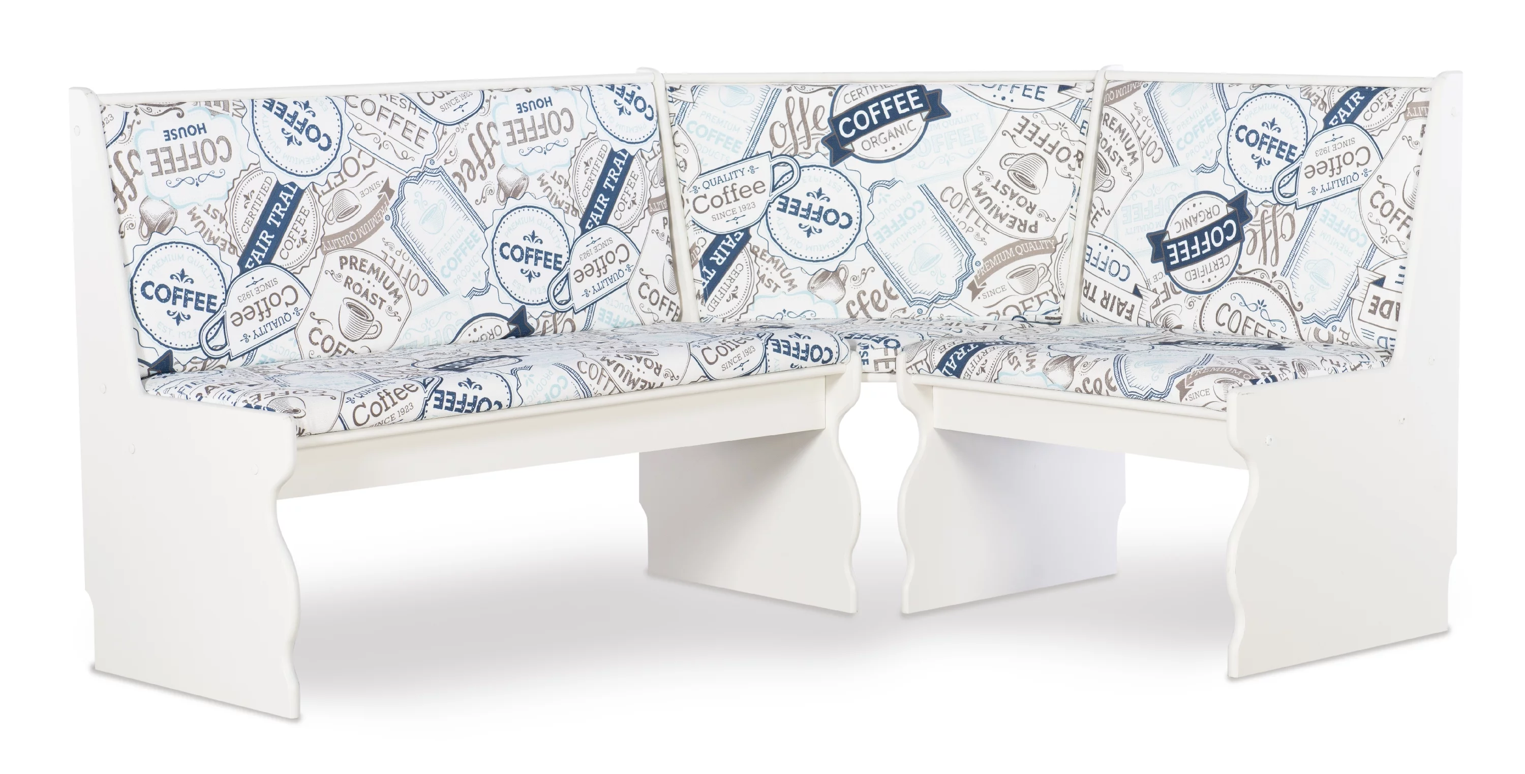 Linon Sasha Casual Dining Breakfast Nook with Corner Unit, Table, and Bench, 29.4" Table Height, Seats 5, White Finish with Coffee Patterned Fabric