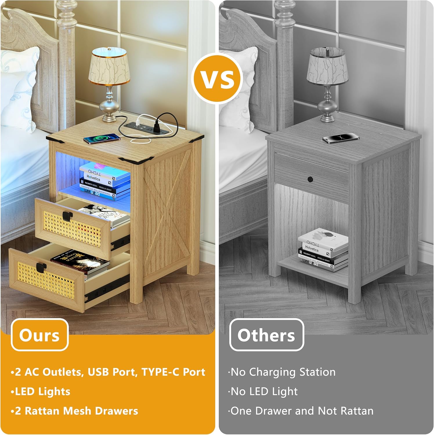 Modern Nightstand Set of 2, Nightstand with Charging Station, LED Night Stand with Rattan Drawers, Side End Table with Human Sensor Light, Bedside Table for Bedroom, Natural Wood (2PCS)