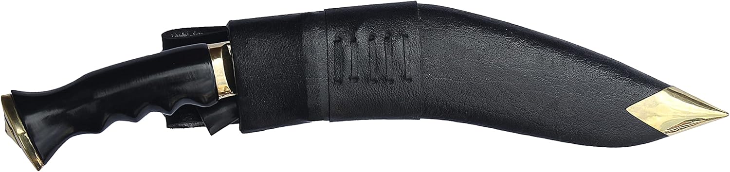ESK GROUP ESK HANDMADE KUKRI KNIFE MACHETE - 10.5 INCH CARBON STEEL BLADE and 5 INCH HORN HANDLE WITH BLACK COLOUR GENUINE LEATHER SHEATH AND TWO SMALL KNIVES, MADE IN NEPAL
