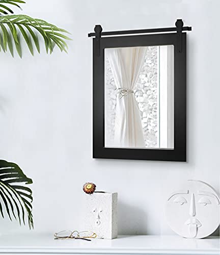 Hans Farmhouse Bathroom Mirror 22"×28" Rustic Wood Frame with Metal Barn Door Track Decorative Wall Mirror for Bathroom Entryway Living Room,Black