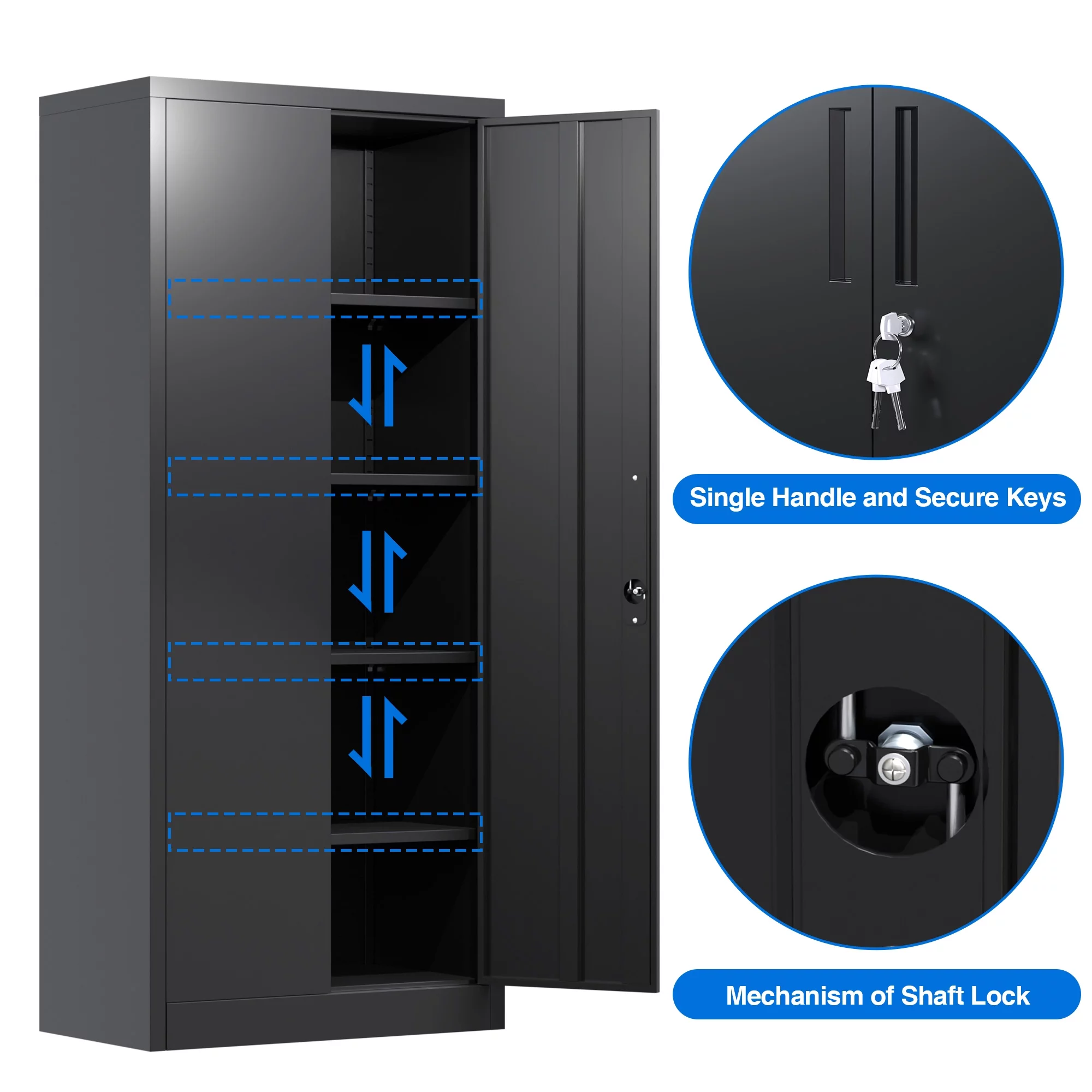 GangMei Metal Storage Cabinet, Metal Garage Cabinet with Lockable Doors and Shelves, Office Cabinet for Home Office, Garage and Utility Room,Assemble Required (Doouble Handles, Black)