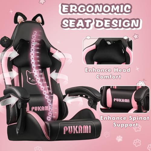 PUKAMI Pink Gaming Chair with Cat Ears and Cat Paw Cushion Pillow,Cute Computer Chair for Girl with Footrest,Ergonomic Gamer Chair, Kawaii Gaming Chair,Reclining Game Chair(Pink)