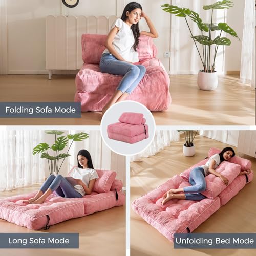 MAXYOYO Folding Sofa Bed, Convertible Sleeper Chair with Pilow Foldable Matress with Back Support, Portable Fold Out Chair Bed Comfy Floor Sofa Lounge for Living Room Bedroom, Pink, Single