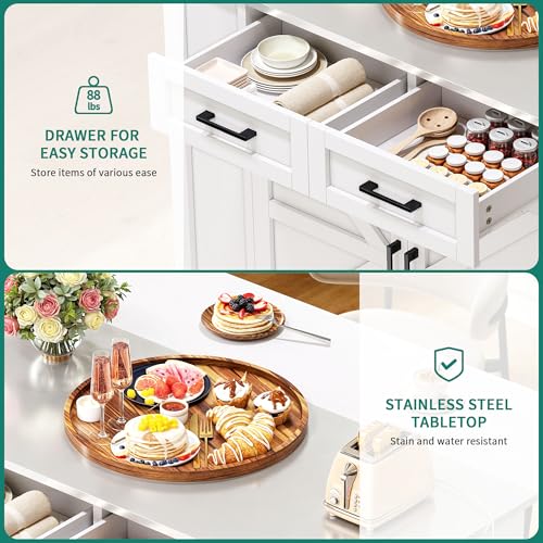 YITAHOME Kitchen Island with Stainless Steel Top & Drop Leaf, 47 Inch Kitchen Island on Wheels with Power Outlet, Rolling Portable Mobile Kitchen Cart w Storage Drawer Cabinet Counter Metal Top, White