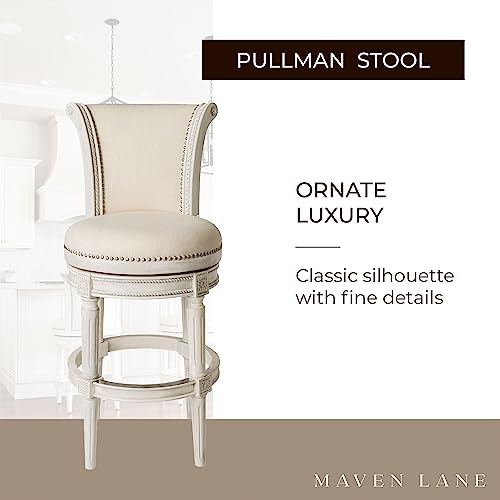 Maven Lane Pullman 31 Inch Tall Bar Height Upholstered Barstool with Back in Weathered Oak Finish with Sand Color Fabric Cushion Seat, Set of 3