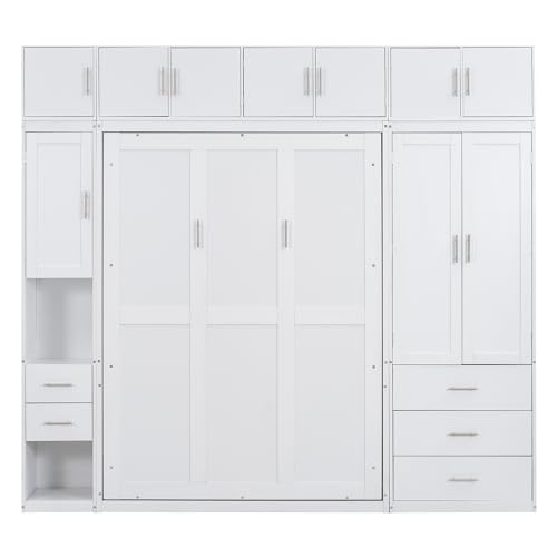 Harper & Bright Designs Full Size Murphy Bed Wall Bed with Lockers and Wardrobes, Wooden Folding Murphy Cube Cabinet Bed for Bedroom, Guest Room or Home Office, Easy Assembly (White, Full)
