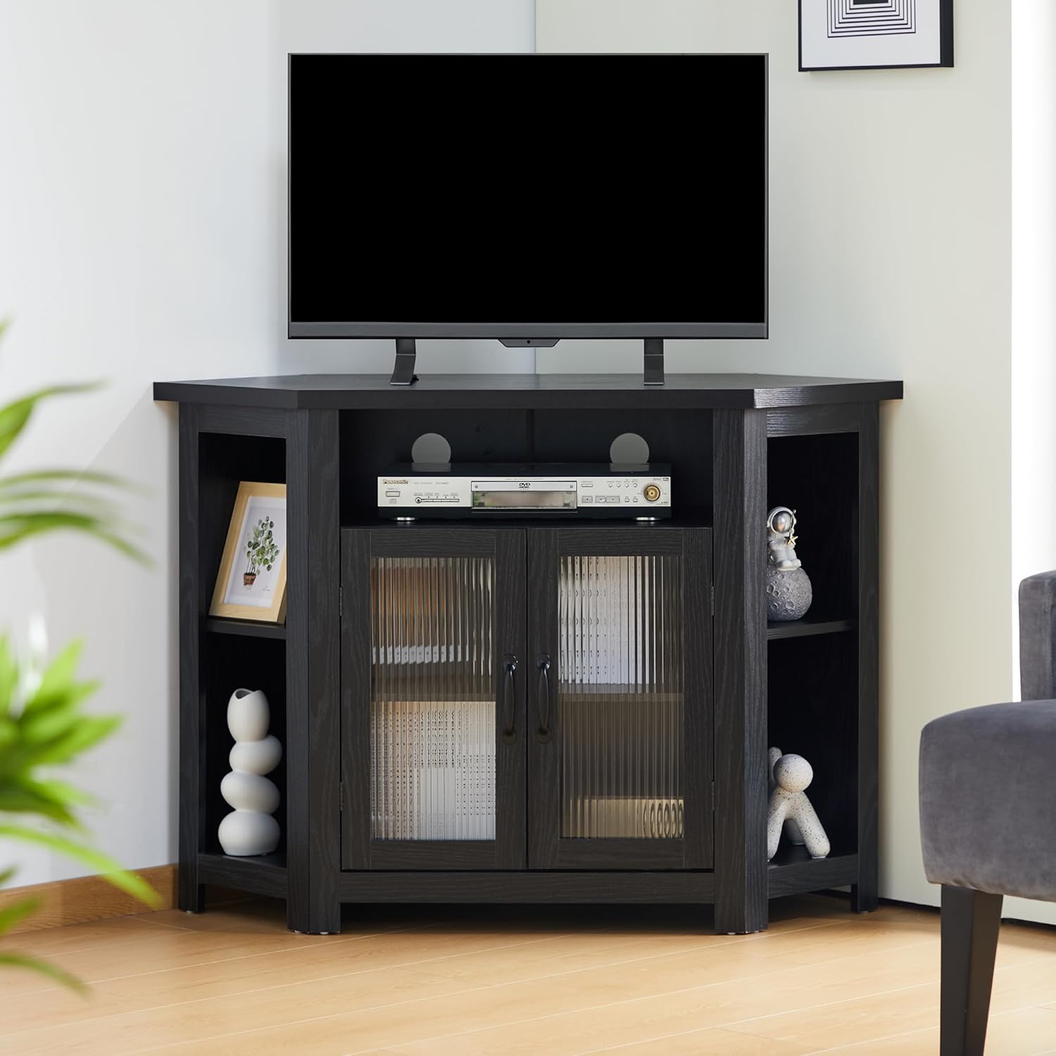 Corner TV Stand for TVs up to 50 Inch, Media Entertainment Center with Storage Shelves and Glass Doors, Console Table Buffet Cabinet for Living Room Bedroom