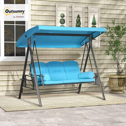 Outsunny 3-Seat Patio Swing Chair, Outdoor Porch Swing Glider with Adjustable Canopy, Removable Cushion, Pillows and Side Trays, for Garden, Poolside, Backyard, Brown