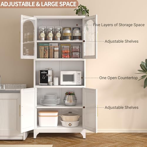 Kitchen Pantry Cabinet with Acrylic Glass Doors, 75" Metal Kitchen Hutch with Countertop, Adjustable Shelves, Freestanding Food Pantry Cabinet for Living, Dining Room, Black, Assembly Required