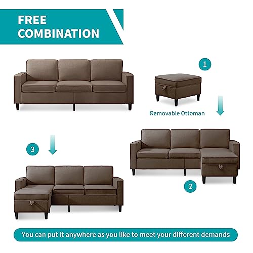 BALUS 78" W Convertible Combination Sofa, L-Shaped Sofa, Linen Couch with Reversible Storage Ottoman, Living Room Small Space Apartment (Light Grey)