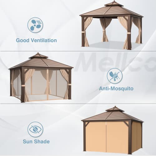 MELLCOM 12'x16' Hardtop Gazebo, Galvanized Steel Metal Double Roof Canopy with Curtains and Netting, Brown Permanent Pavilion Gazebos with Aluminum Frame for Garden, Patio, Lawns, Deck
