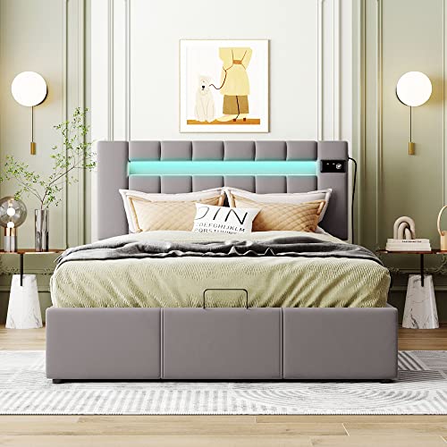Lift Up Storage Bed Queen, Upholstered Queen Bed Frame with LED Light, Bluetooth Player and USB Charging,Velvet Fabric Platform Bed Frame for Teens Adults, No Box Spring Needed(Grey)
