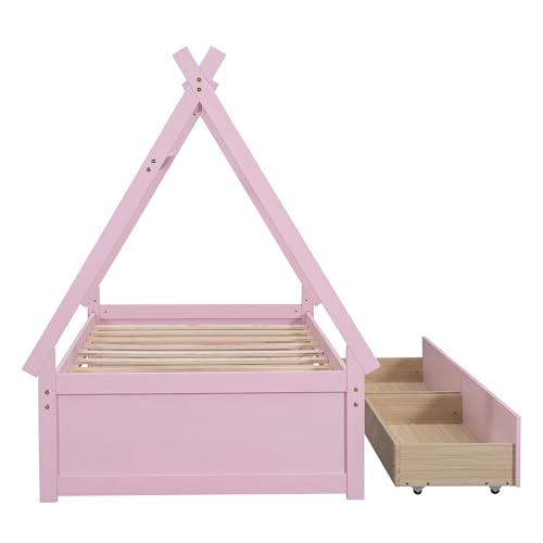 Twin Size House Platform Bed with Two Drawers Headboard and Footboard Wood Daybed Frame Bedroom Furniture for Girls BoysKids, No Box Spring Needed,Pink
