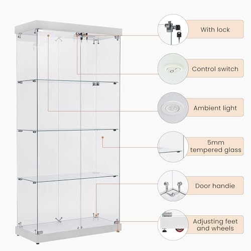 Glass Display Cabinet with LED Lights, Glass Curio Cabinets with Double Doors, Locking Glass Cabinet Display Case for Home, Office, Clinic, Pantry, Assemble Required (Black)