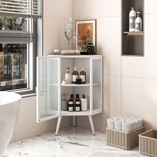 22.25" Glass Display Cabinet, Floor Corner Cabinet with Tempered Glass Door & Storage Shelves for Bathroom, Living Room, Bedroom (2 Tier-Black)
