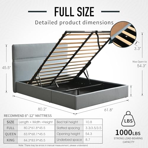 Hydraulic Lift Storage Bed, Queen Upholstered Bed Frame with Linen Headboard, Ample Storage Space, Wooden Slat Support, No Box Spring Required (Beige, Full)