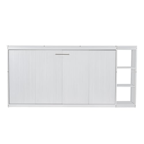 Wooden Murphy Cabinet Bed Frame with Charging Station, Full-Size Foldable Wall Bed with Large Storage Drawer for Home Apartment Limited Living Places, Space-Saving Hidden Bed No Box Spring Needed