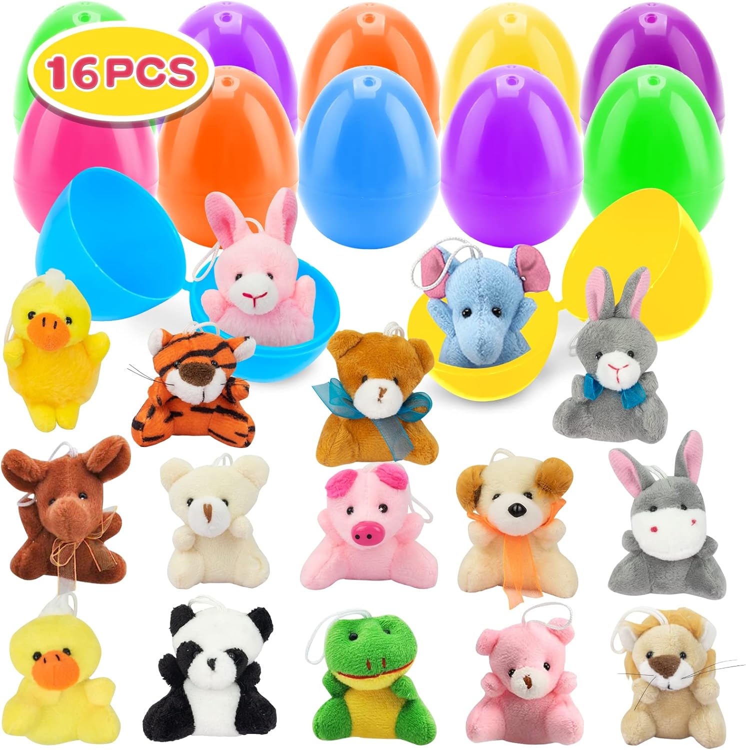 OZMI 16 Pack Easter Eggs with Animal Toys, Prefilled Easter Eggs with Stuffed Animal Plush for Kids,Easter Egg Hunt, Easter Egg Fillers for Easter Basket Stuffers Party Favors Supplies Basket Stuffers