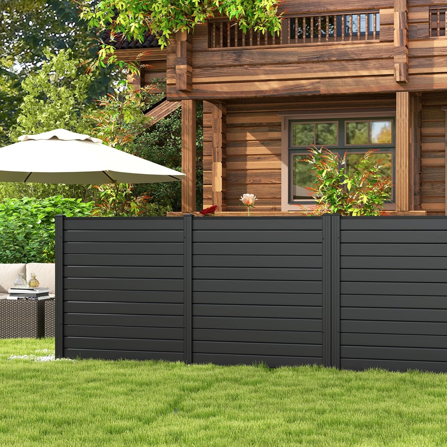 Giantex Air Conditioner Fence 2 Panels - 48''W x 48''H Outdoor Privacy Screen with Upgraded Metal Stakes, PVC Trash Can Enclosure, Decorative Garden Fences for Patio Lawn AC Unit Pool Pump, Black