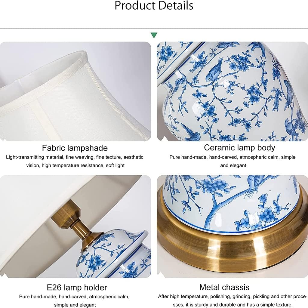 Hand-Painted Ceramic Desk Lamp Chinoiserie Branch Desk Lamp Blue & White Porcelain Lamp Body with Metal Base Bedside Nightstand Lamp for Bedroom Living Room Office College Bookcase