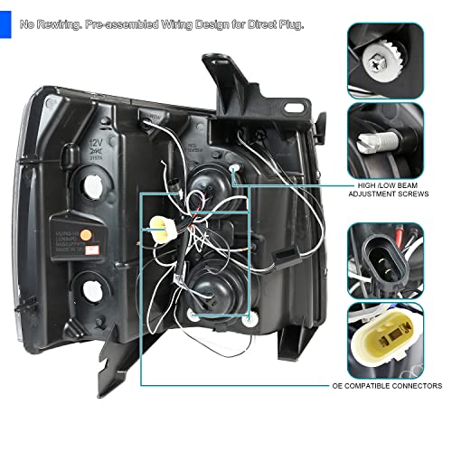 SPEC-D TUNING LED + Halo Jet Black Housing Clear Lens Projector Headlights Compatible with 2007-2013 Chevy Silverado 1500, 2007-2014 Chevy Silverado 2500HD/3500HD Left + Right Pair Headlamps Assembly