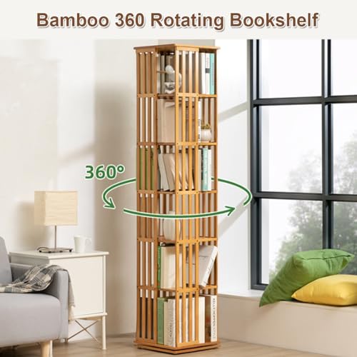 Bamboo 360 Rotating Bookshelf, 6Tier Rotating Bookshelf Tower with Open Design Shelving, Simple Household Bamboo Book Shelf Organizer for Living Room Study Room Office (Color : Wood Color)