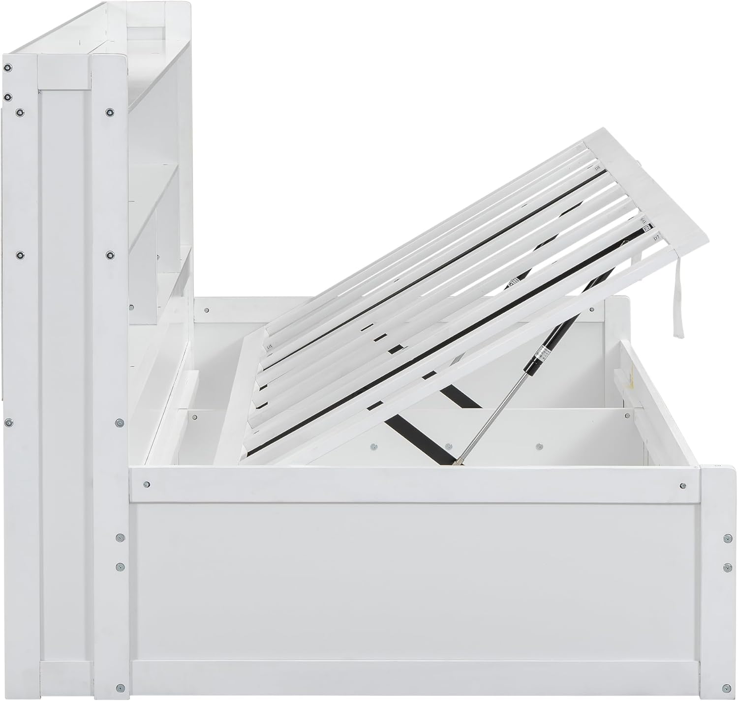 Twin Size Daybed with Storage Bookcases, Underneath Storage and USB Charging Station, Multi-Functional Hydraulic Storage Day Bed Sofa Bed for Living Room, Bedroom, Guestroom, White