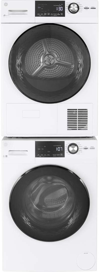 GE Front load Compact GFW148SSMWW 24"" Washer with GFT14ESSMWW 24"" Ventless Dryer and GFA24KITL Stacking Kit Laundry Pair in White