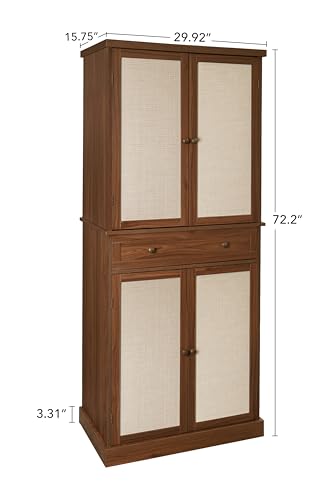 Kitchen Pantry Storage Cabinet, Tall Cabinet with 4 Rattan Doors and 1 Drawers, Freestanding Cupboard with Adjustable Shelves, Utility Pantry for Kitchen, Dining Room (Walnut)